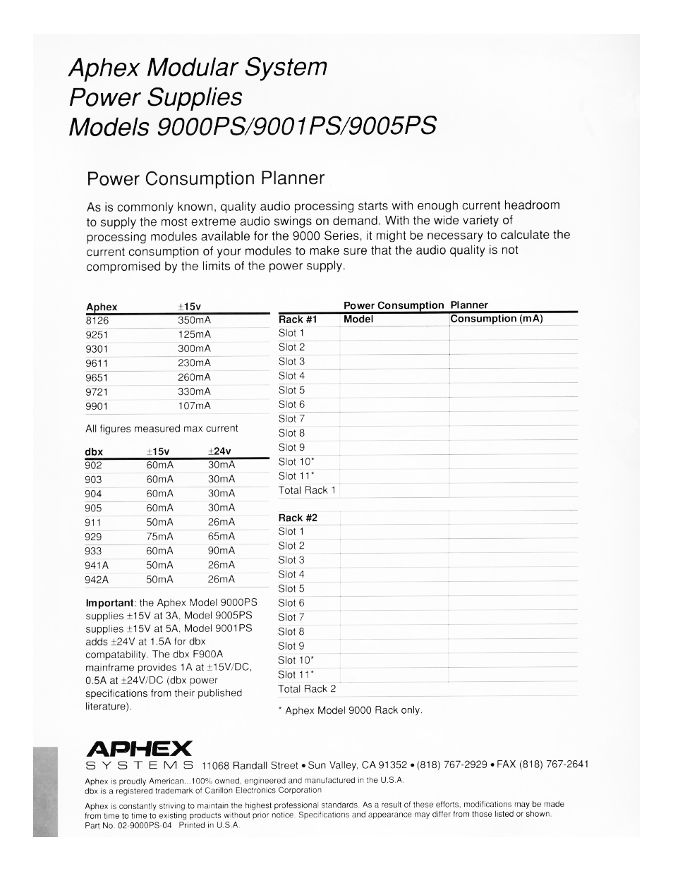 Power consumption planner | Aphex Systems 9005PS User Manual | Page 2 / 2