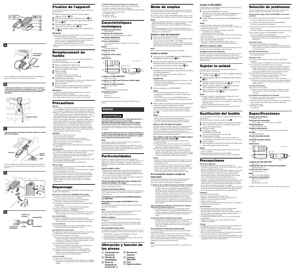 Sujetar la unidad, Sustitución del fusible, Precauciones | Solución de problemas, Especificaciones, Modo de empleo, Particularidades, Fixation de l’appareil, Remplacement du fusible, Précautions | Sony DCC-NWFMT1 User Manual | Page 2 / 2