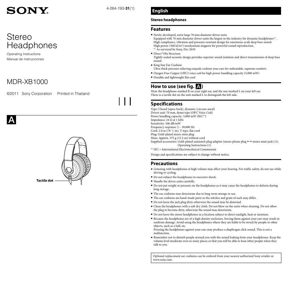 Sony MDR-XB1000 User Manual | 2 pages