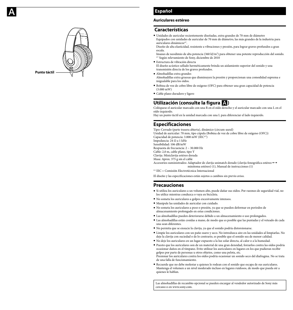 Español, Características, Utilización (consulte la figura  ) | Especificaciones, Precauciones | Sony MDR-XB1000 User Manual | Page 2 / 2