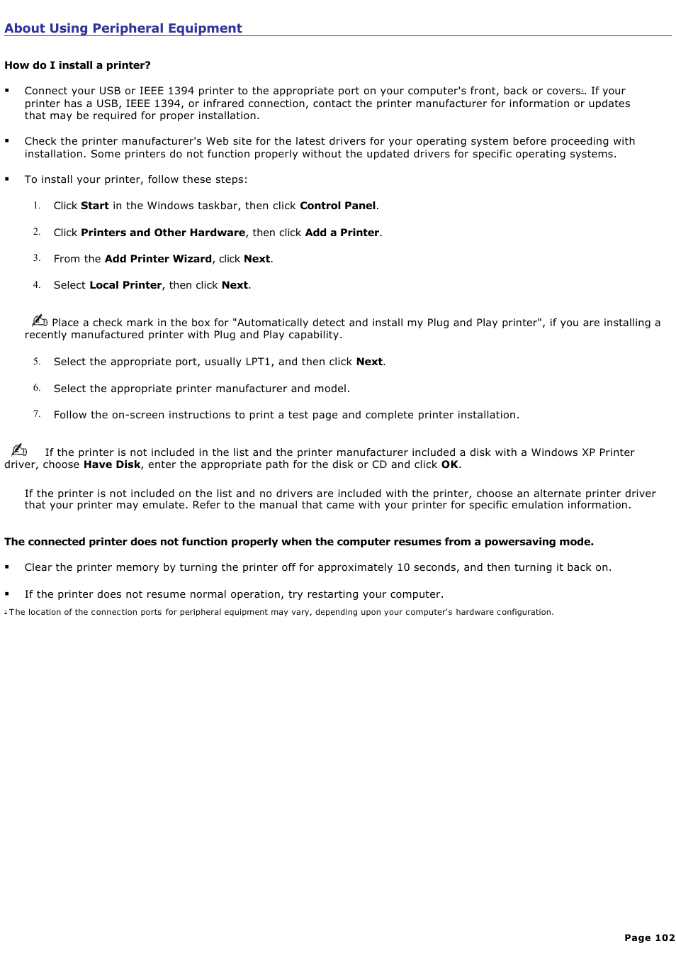 About using peripheral equipment | Sony PCV-RS100 User Manual | Page 102 / 114