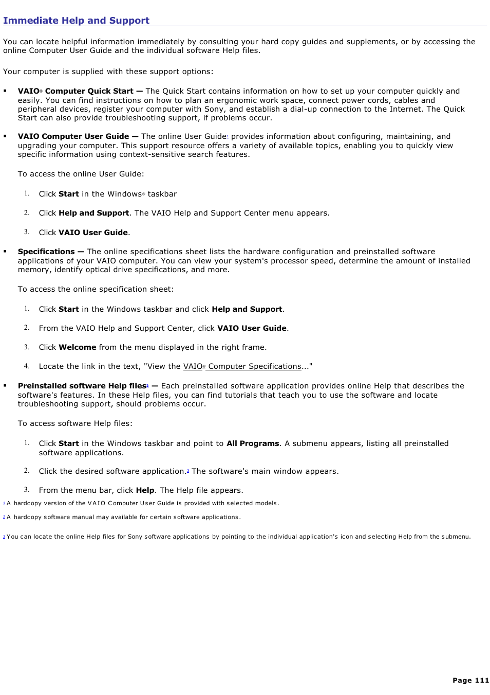 Immediate help and support | Sony PCV-RS100 User Manual | Page 111 / 114