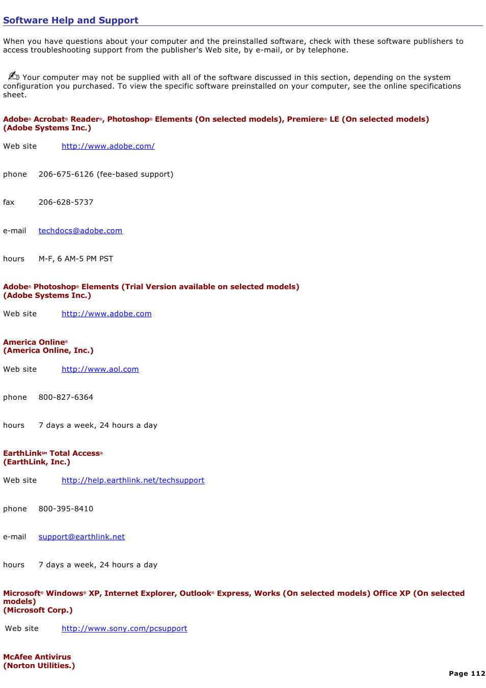 Software help and support | Sony PCV-RS100 User Manual | Page 112 / 114