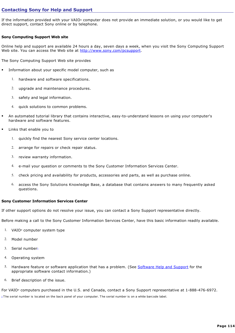 Contacting sony for help and support | Sony PCV-RS100 User Manual | Page 114 / 114
