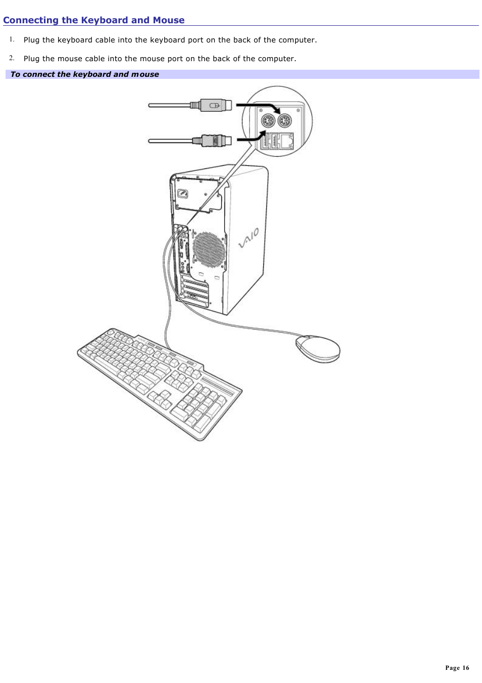 Connecting the keyboard and mouse | Sony PCV-RS100 User Manual | Page 16 / 114