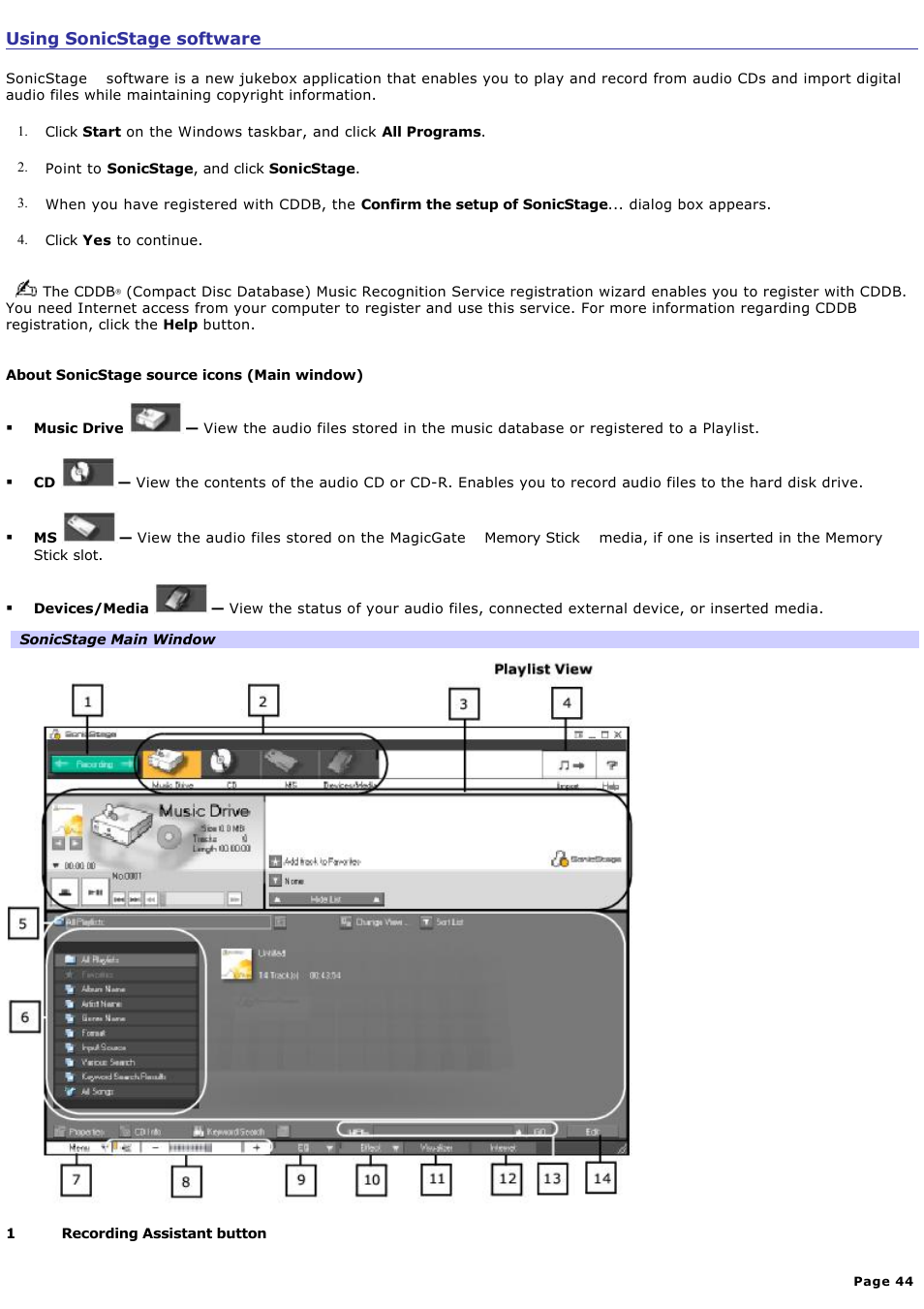 Using sonicstage software | Sony PCV-RS100 User Manual | Page 44 / 114