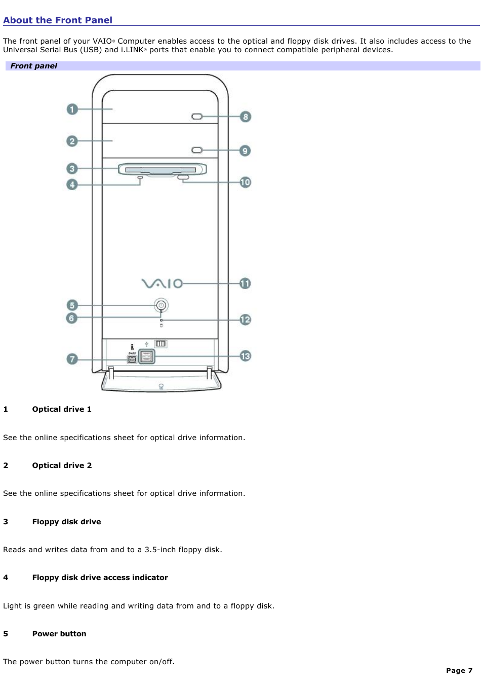 About the front panel | Sony PCV-RS100 User Manual | Page 7 / 114