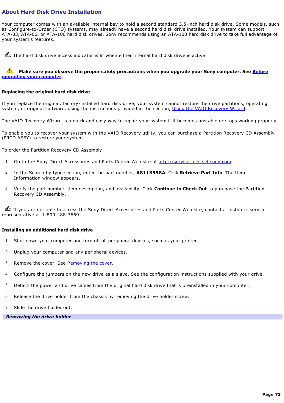 About hard disk drive installation | Sony PCV-RS100 User Manual | Page 73 / 114