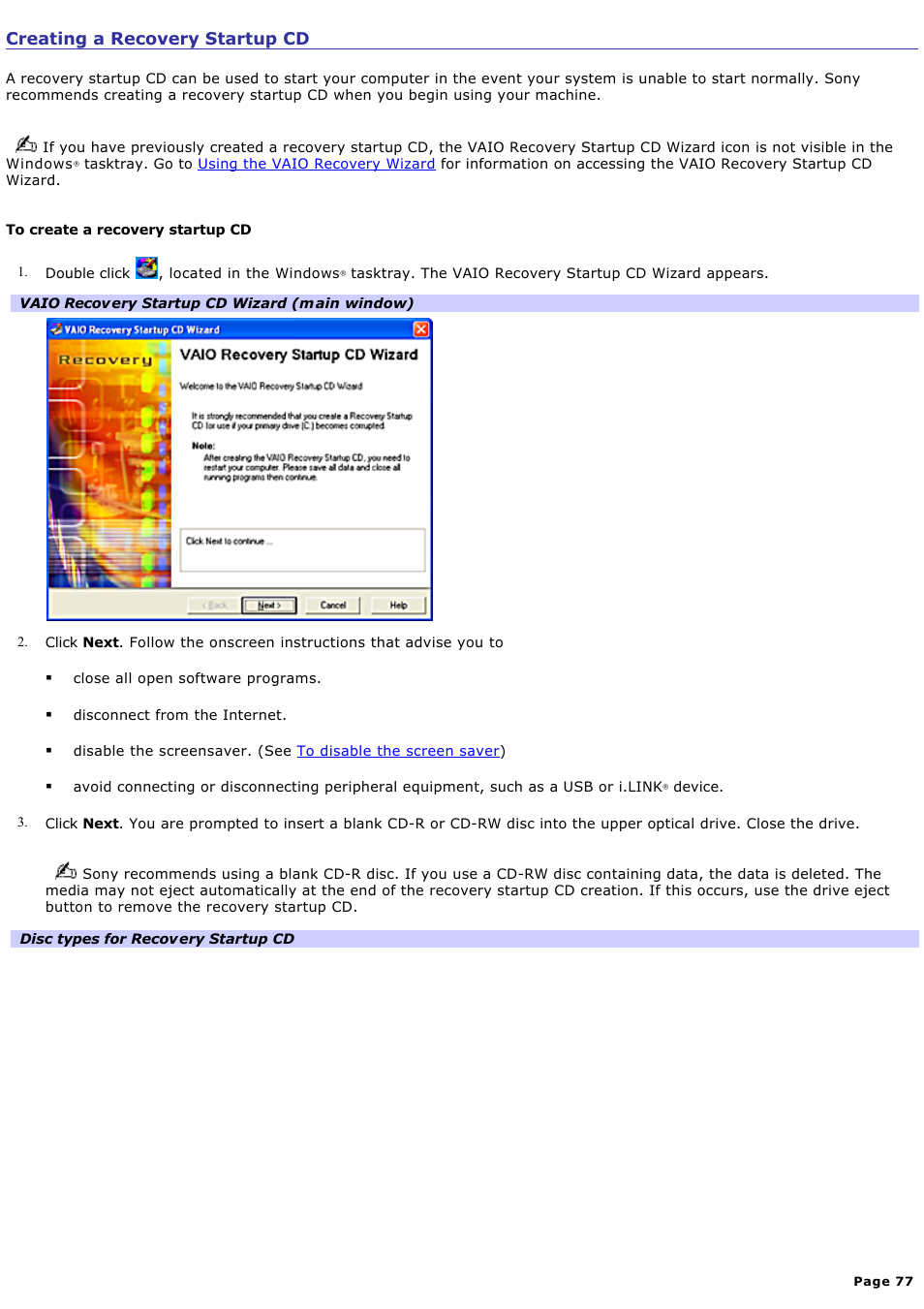 Creating a recovery startup cd | Sony PCV-RS100 User Manual | Page 77 / 114