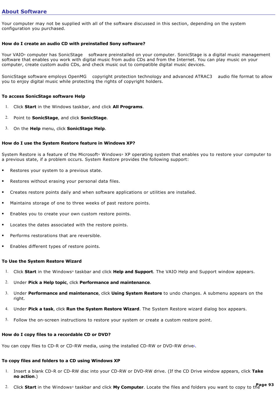 About software | Sony PCV-RS100 User Manual | Page 93 / 114