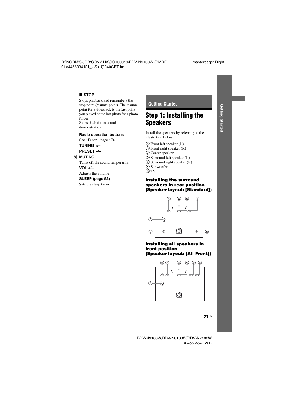 Getting started, Step 1: installing the speakers, Step 1: installing the | Speakers | Sony BDV-N8100W User Manual | Page 21 / 88