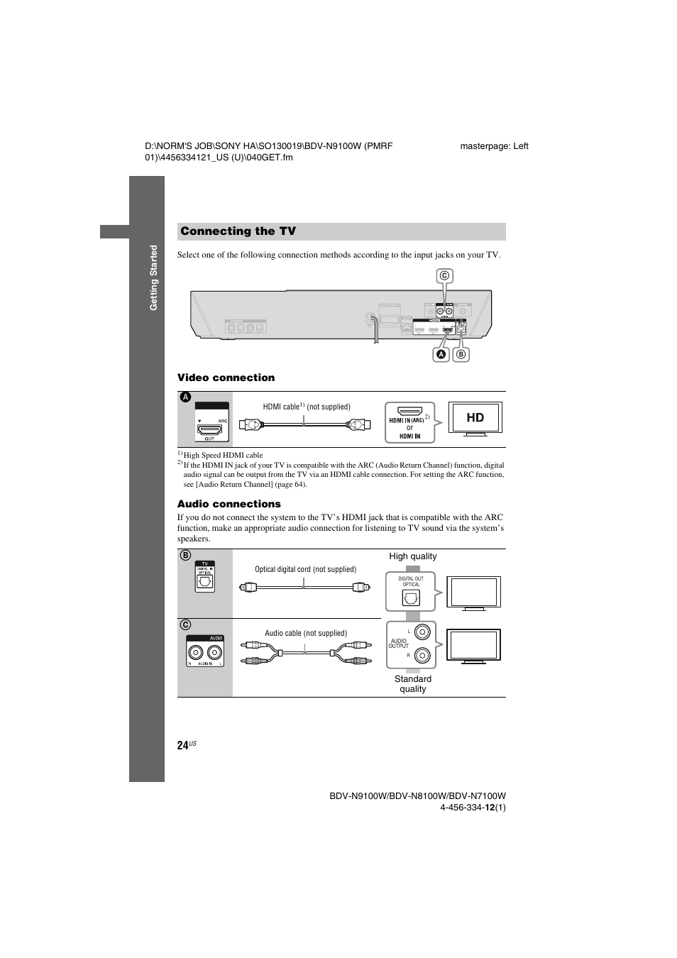Connecting the tv, Connecting the tv a | Sony BDV-N8100W User Manual | Page 24 / 88