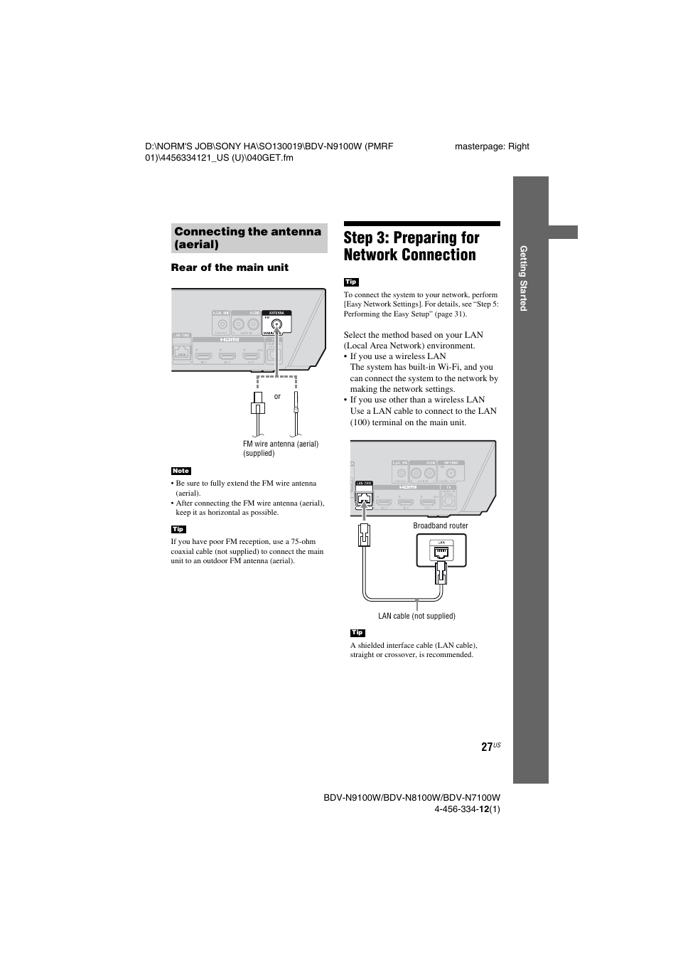 Connecting the antenna (aerial), Step 3: preparing for network connection, Connecting the antenna | Aerial), Step 3: preparing for network, Connection | Sony BDV-N8100W User Manual | Page 27 / 88
