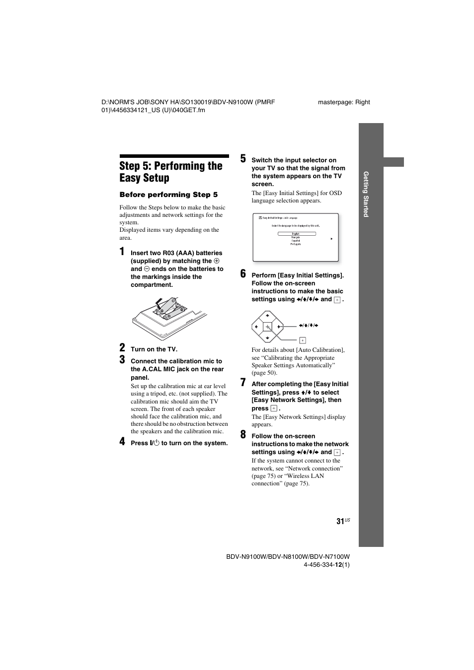Step 5: performing the easy setup, Step 5: performing the easy, Setup | Ages 31, Es 31, 48) | Sony BDV-N8100W User Manual | Page 31 / 88
