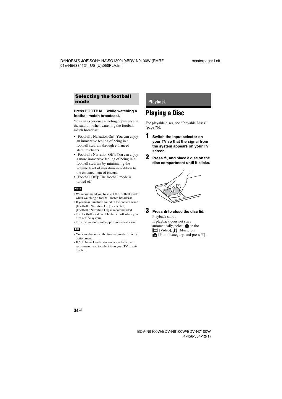 Playback, Playing a disc | Sony BDV-N8100W User Manual | Page 34 / 88