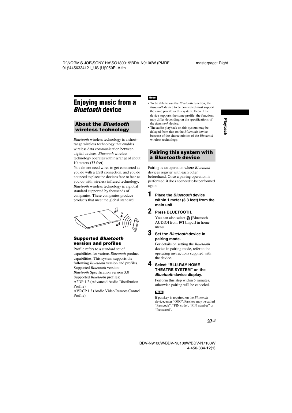 Enjoying music from a bluetooth device, Enjoying music from a bluetooth, Device | Es 37, 38) | Sony BDV-N8100W User Manual | Page 37 / 88
