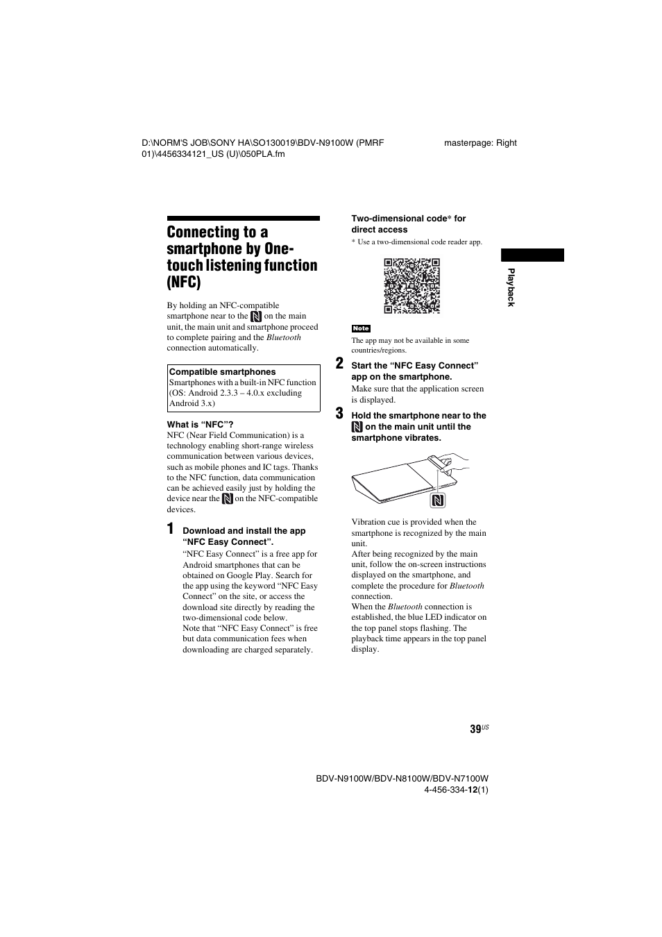 Connecting to a smartphone by, One-touch listening function (nfc) | Sony BDV-N8100W User Manual | Page 39 / 88