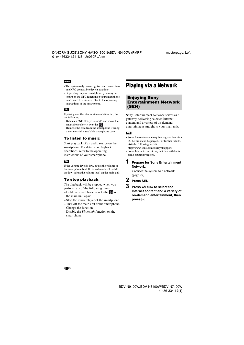 Playing via a network | Sony BDV-N8100W User Manual | Page 40 / 88