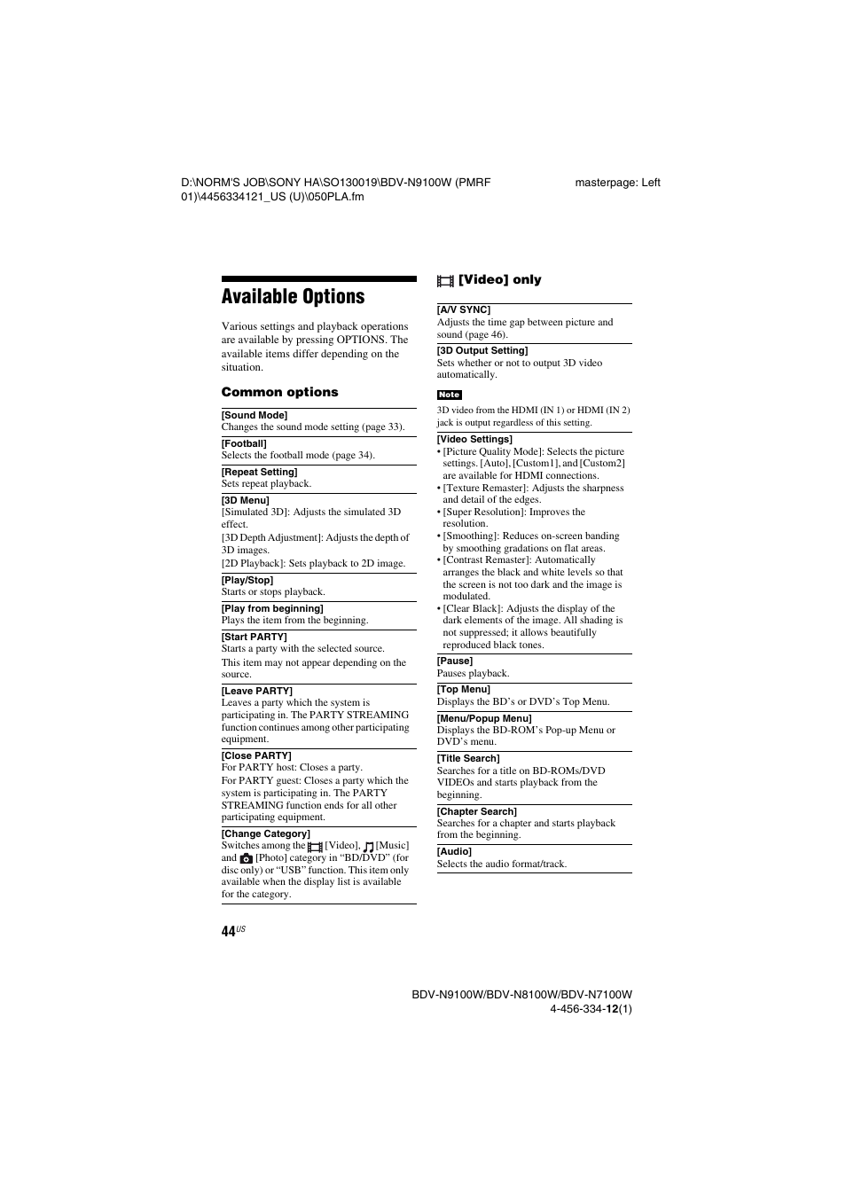 Available options | Sony BDV-N8100W User Manual | Page 44 / 88