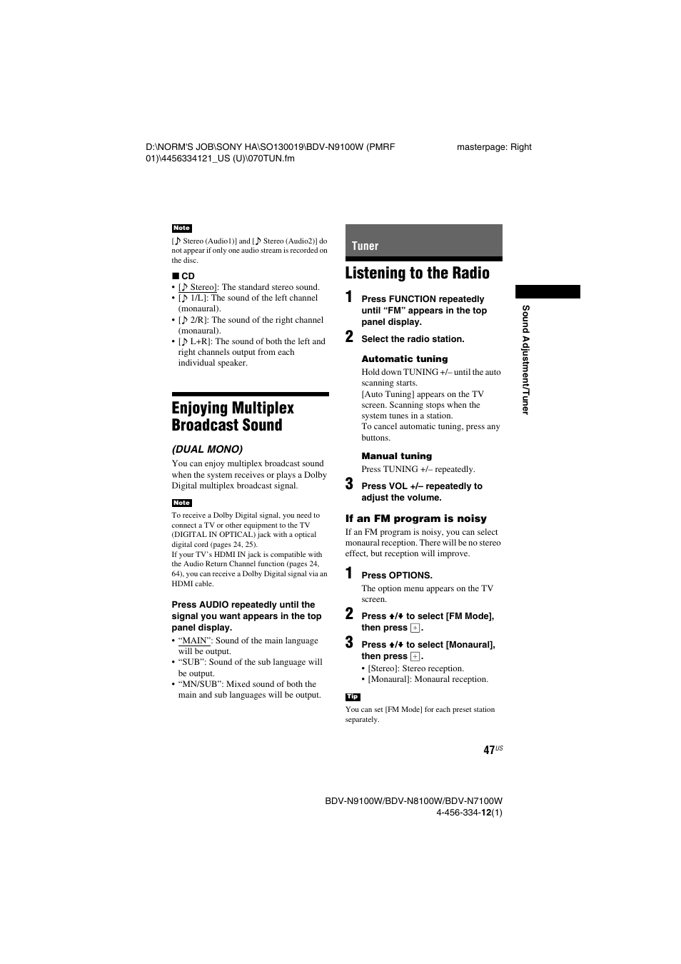 Enjoying multiplex broadcast sound, Tuner, Listening to the radio | Enjoying multiplex broadcast, Sound, Listening to the radio 1 | Sony BDV-N8100W User Manual | Page 47 / 88