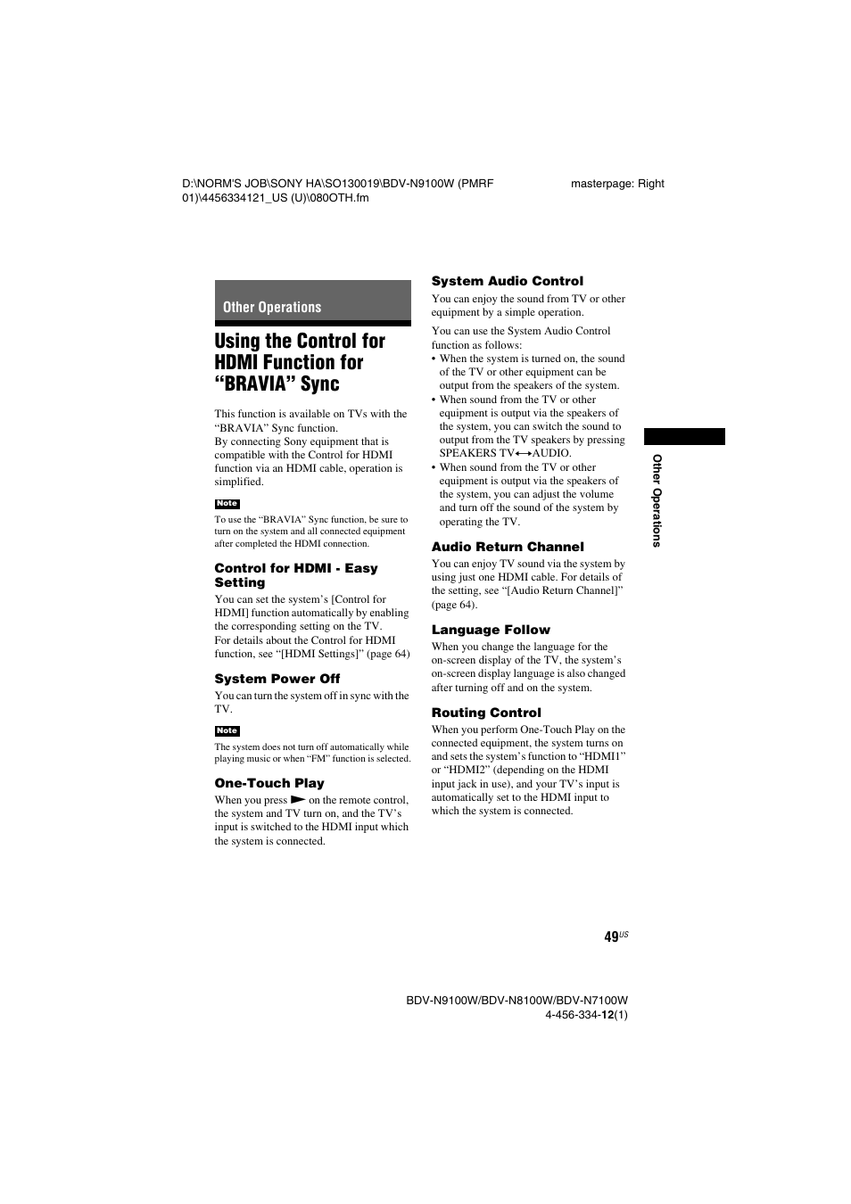 Other operations, Using the control for hdmi function, For “bravia” sync | Sony BDV-N8100W User Manual | Page 49 / 88