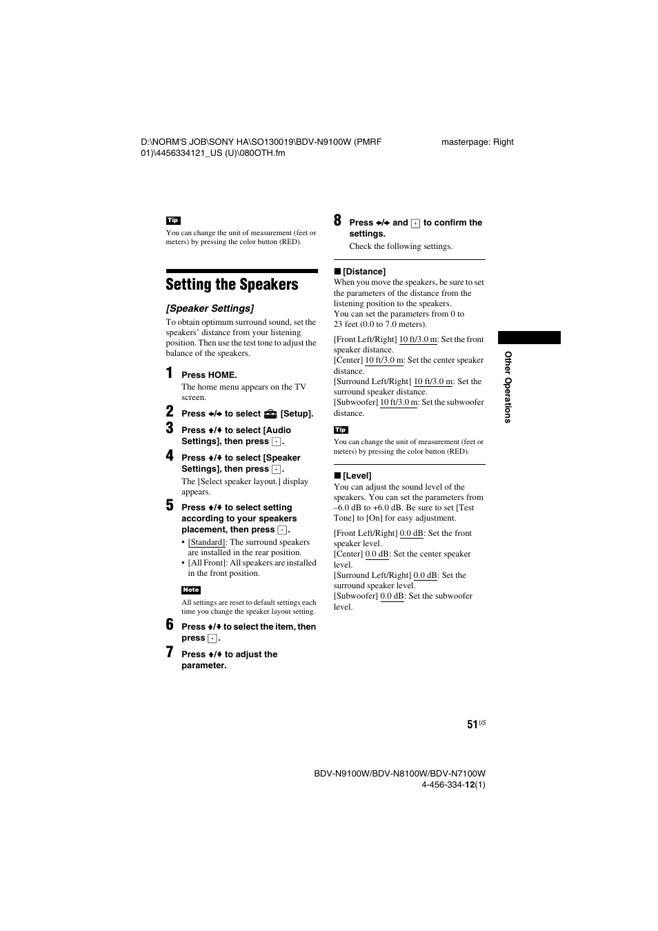 Setting the speakers | Sony BDV-N8100W User Manual | Page 51 / 88