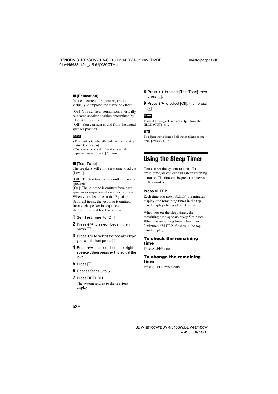 Using the sleep timer | Sony BDV-N8100W User Manual | Page 52 / 88