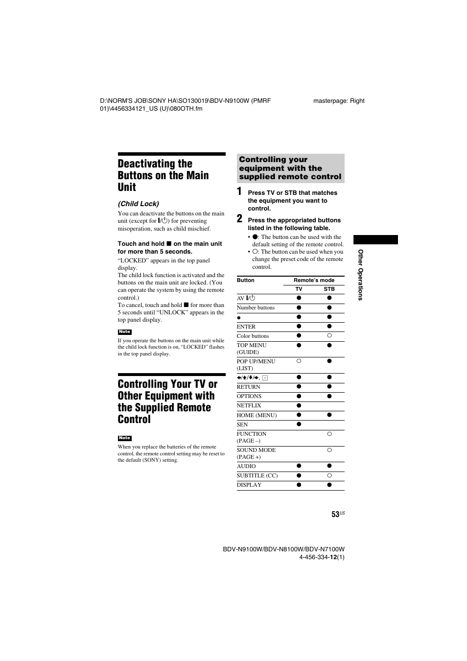 Deactivating the buttons on the main unit, Deactivating the buttons on the main, Unit | Controlling your tv or other, Equipment with the supplied remote control | Sony BDV-N8100W User Manual | Page 53 / 88