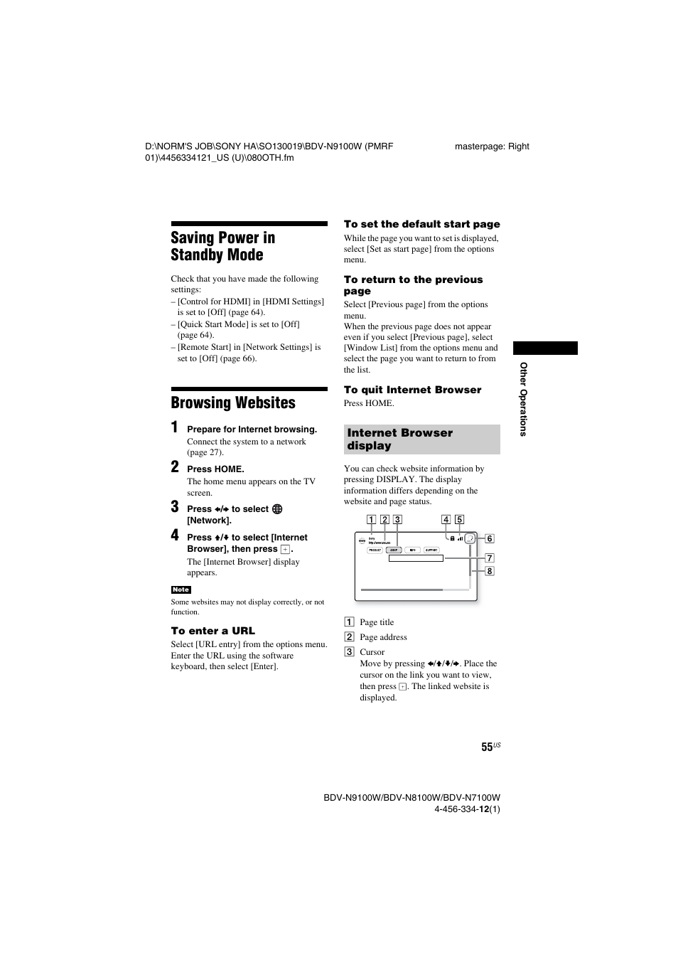 Saving power in standby mode, Browsing websites, Saving power in standby mode browsing websites | Browsing websites 1 | Sony BDV-N8100W User Manual | Page 55 / 88