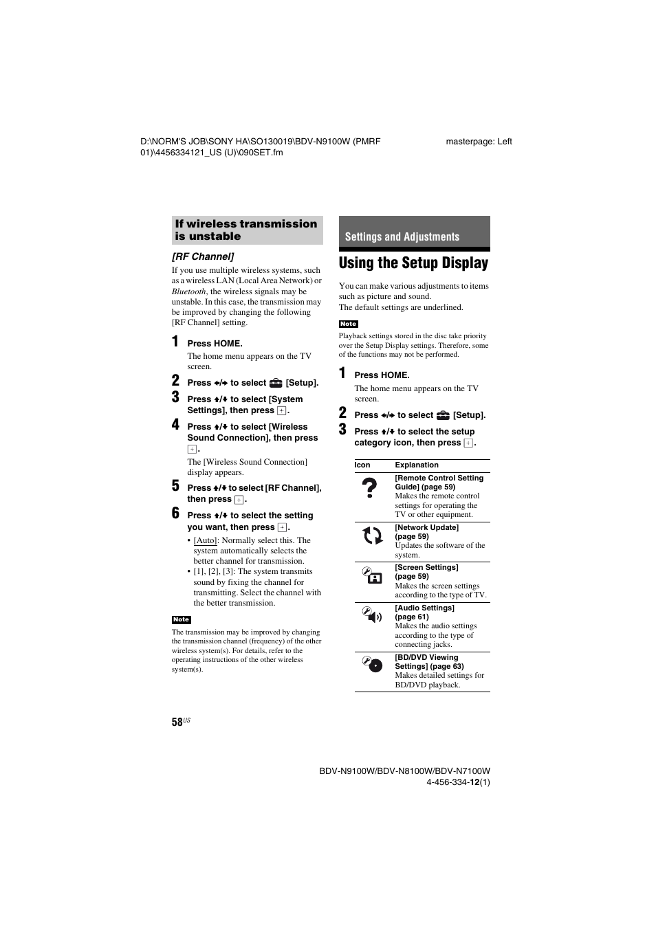 Settings and adjustments, Using the setup display | Sony BDV-N8100W User Manual | Page 58 / 88