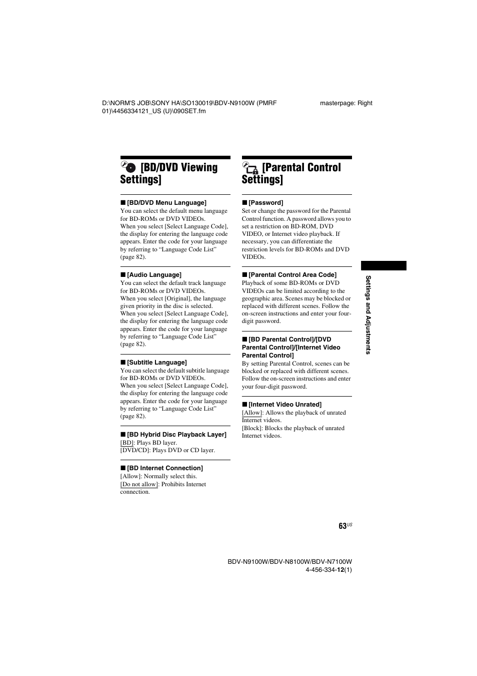 Bd/dvd viewing settings, Parental control settings | Sony BDV-N8100W User Manual | Page 63 / 88