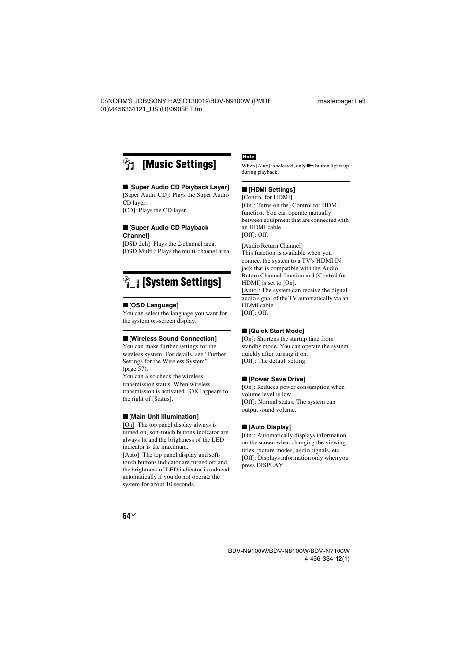 Music settings, System settings, Music settings] [system settings | To [on | Sony BDV-N8100W User Manual | Page 64 / 88