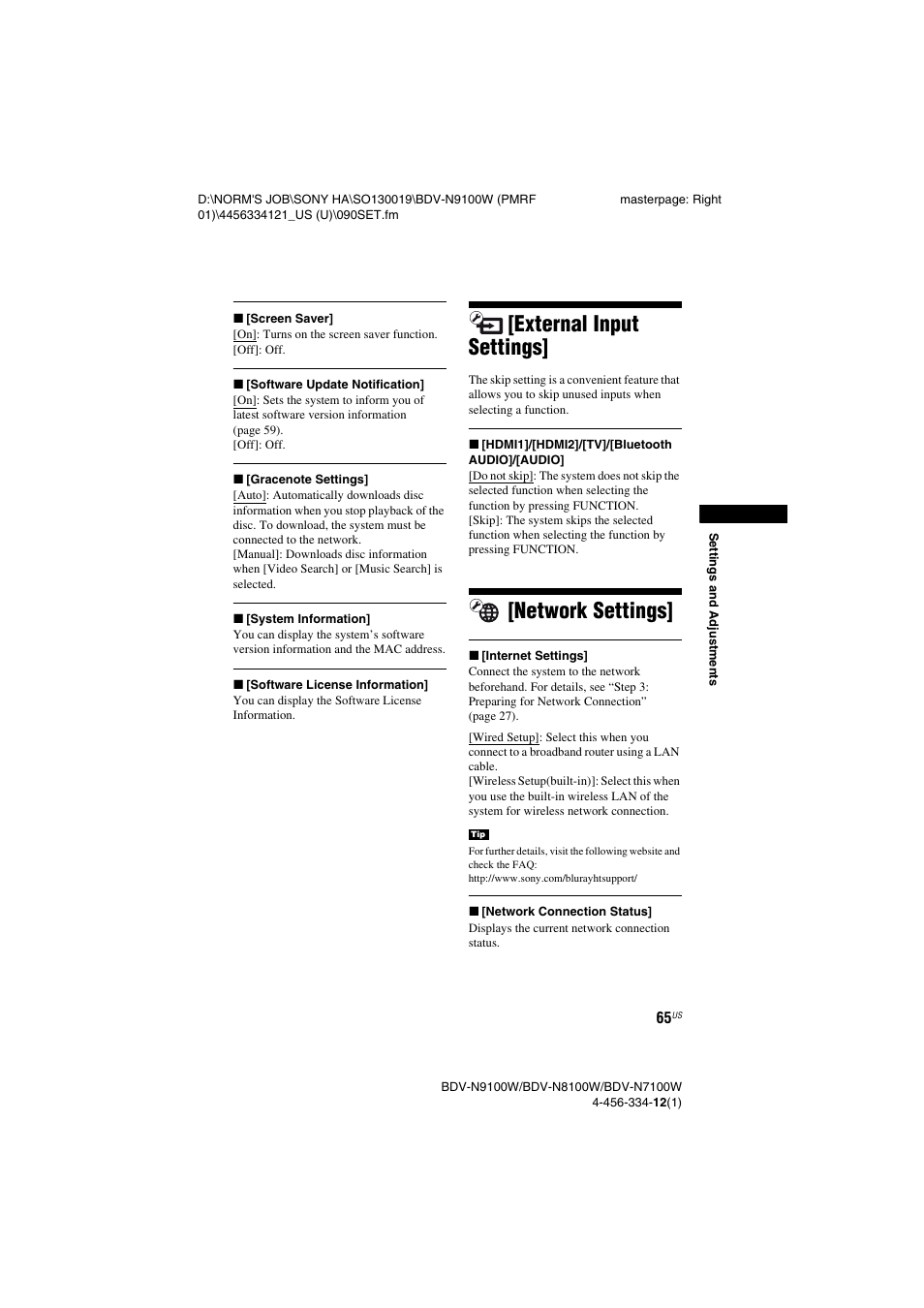 External input settings, Network settings, External input settings] [network settings | Sony BDV-N8100W User Manual | Page 65 / 88