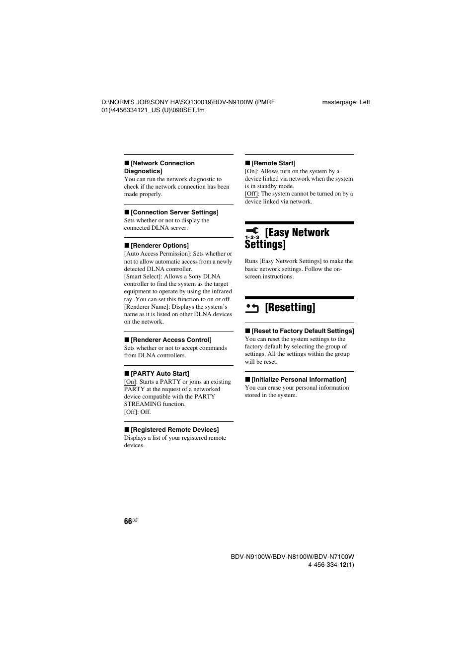 Easy network settings, Resetting, Easy network settings] [resetting | Sony BDV-N8100W User Manual | Page 66 / 88