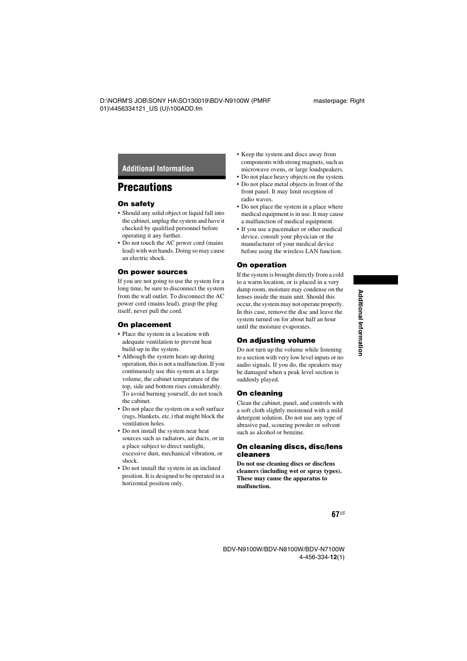 Additional information, Precautions | Sony BDV-N8100W User Manual | Page 67 / 88