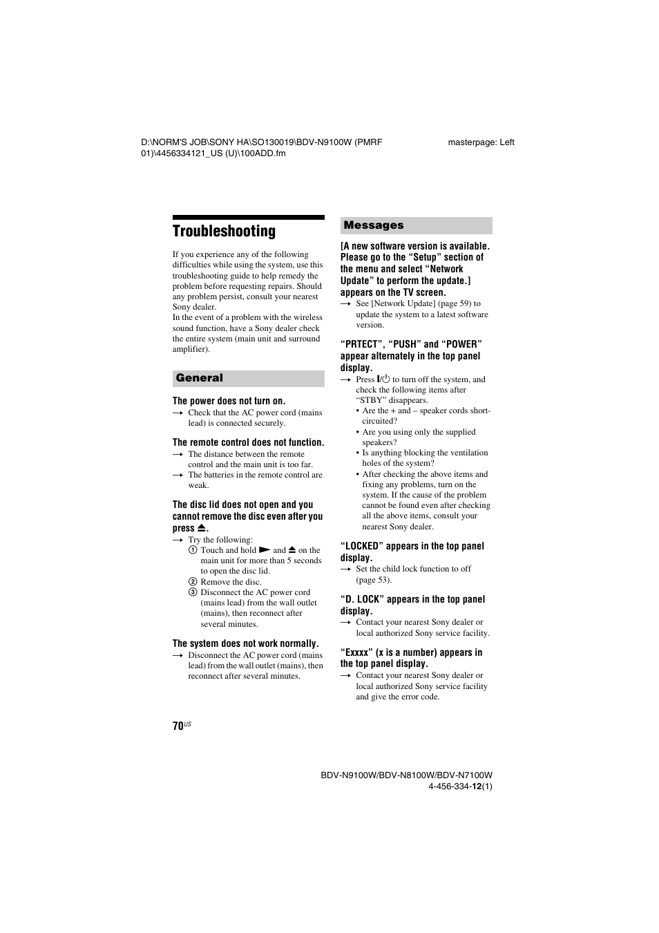 Troubleshooting | Sony BDV-N8100W User Manual | Page 70 / 88