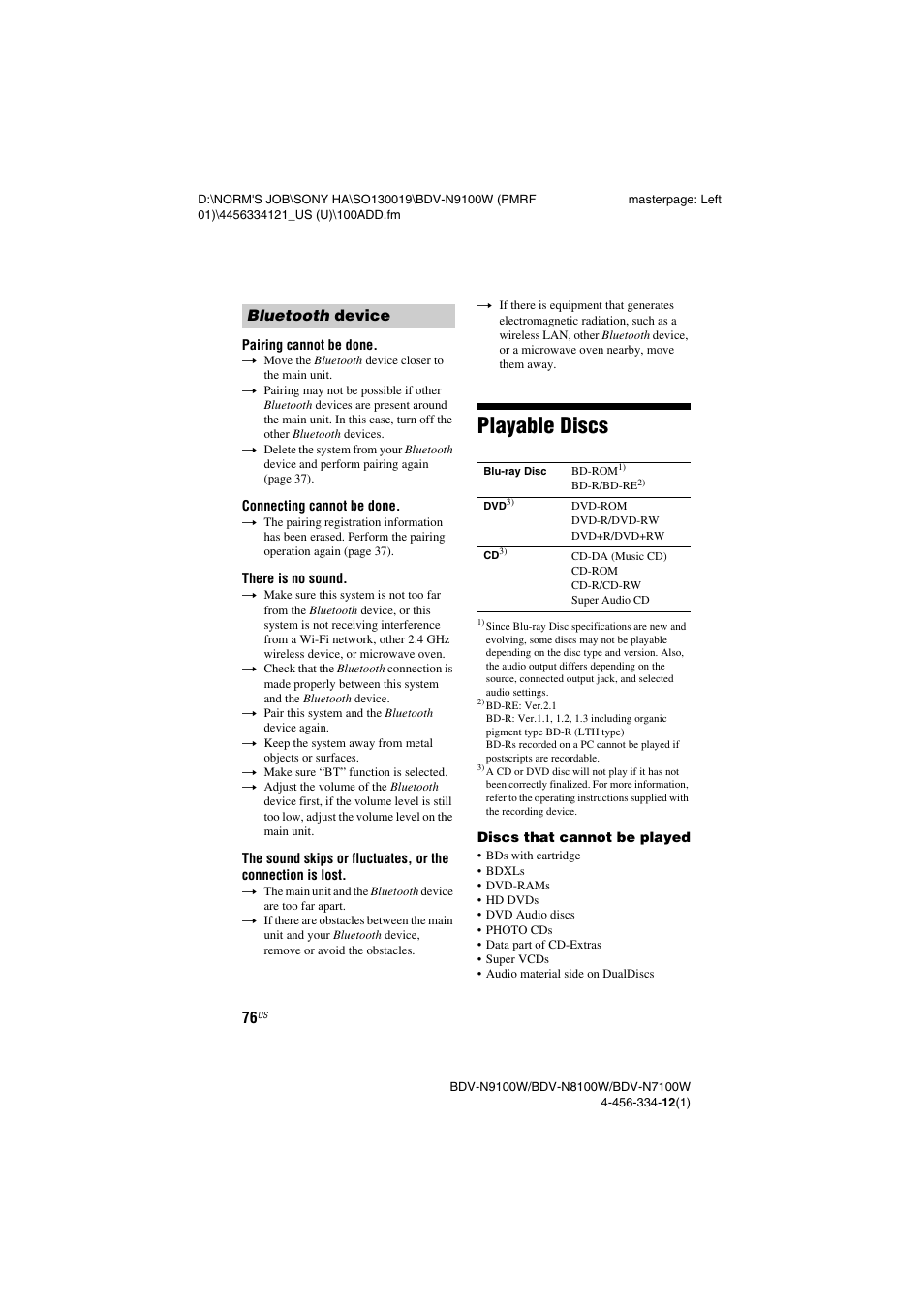 Playable discs | Sony BDV-N8100W User Manual | Page 76 / 88