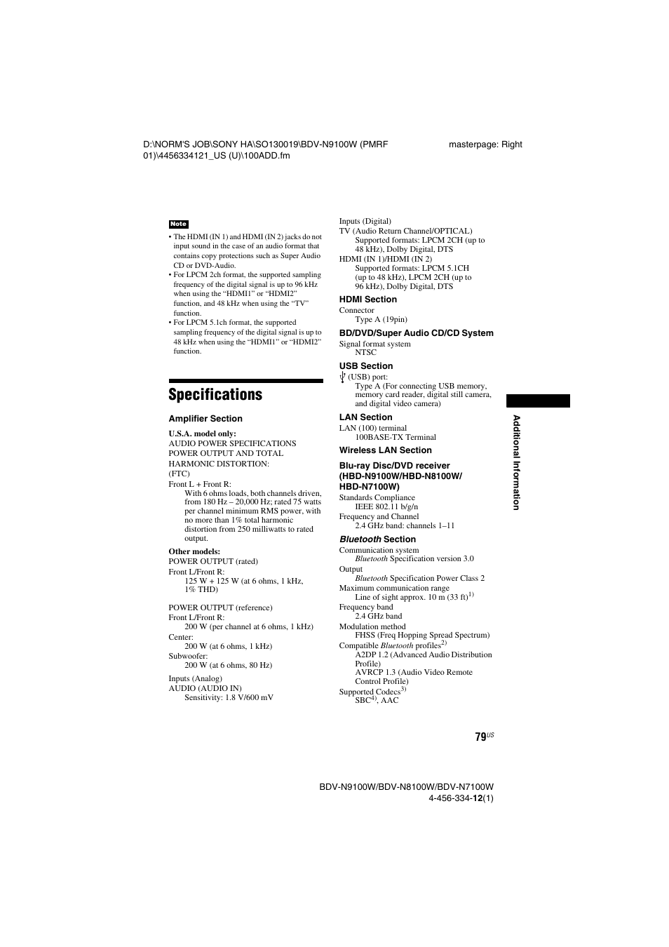 Specifications | Sony BDV-N8100W User Manual | Page 79 / 88