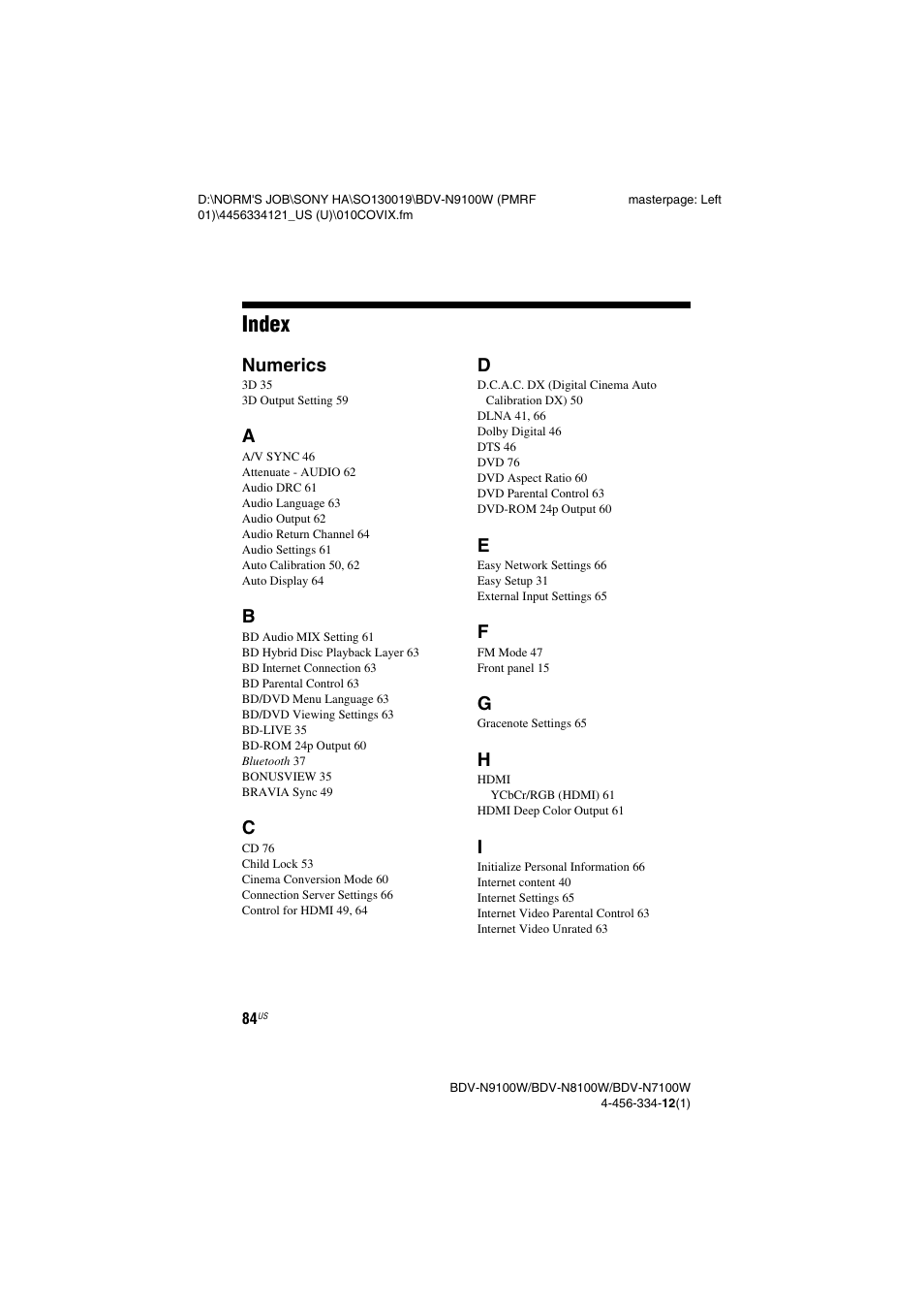 Index, Numerics | Sony BDV-N8100W User Manual | Page 84 / 88