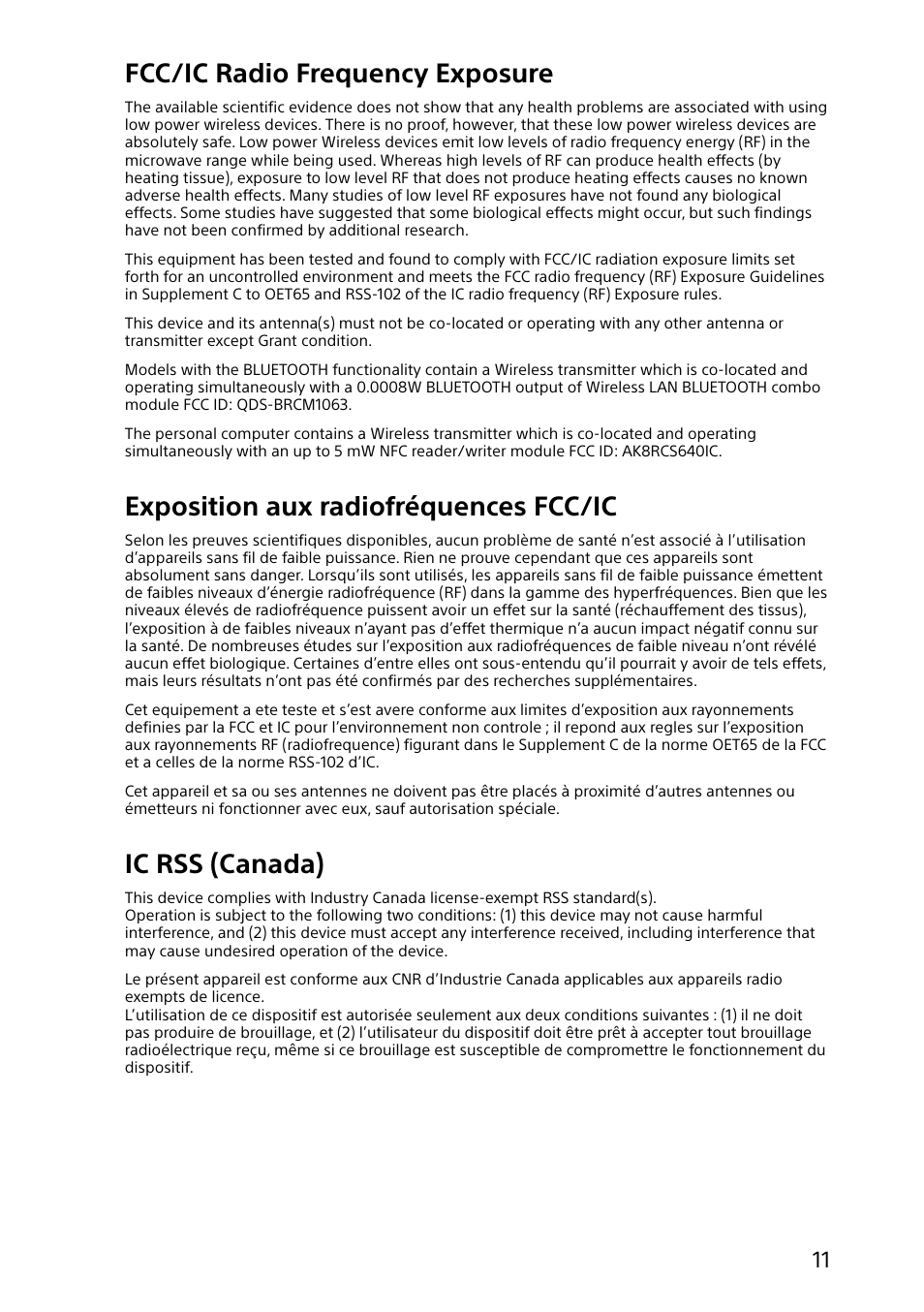 Fcc/ic radio frequency exposure, Exposition aux radiofréquences fcc/ic, Ic rss (canada) | Sony SVF11N13CXS User Manual | Page 11 / 20