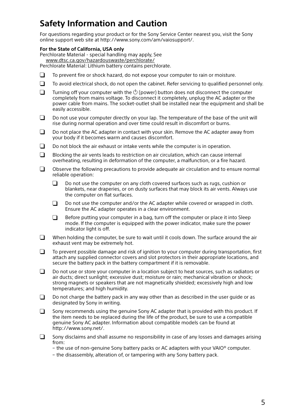 Safety information and caution | Sony SVF11N13CXS User Manual | Page 5 / 20