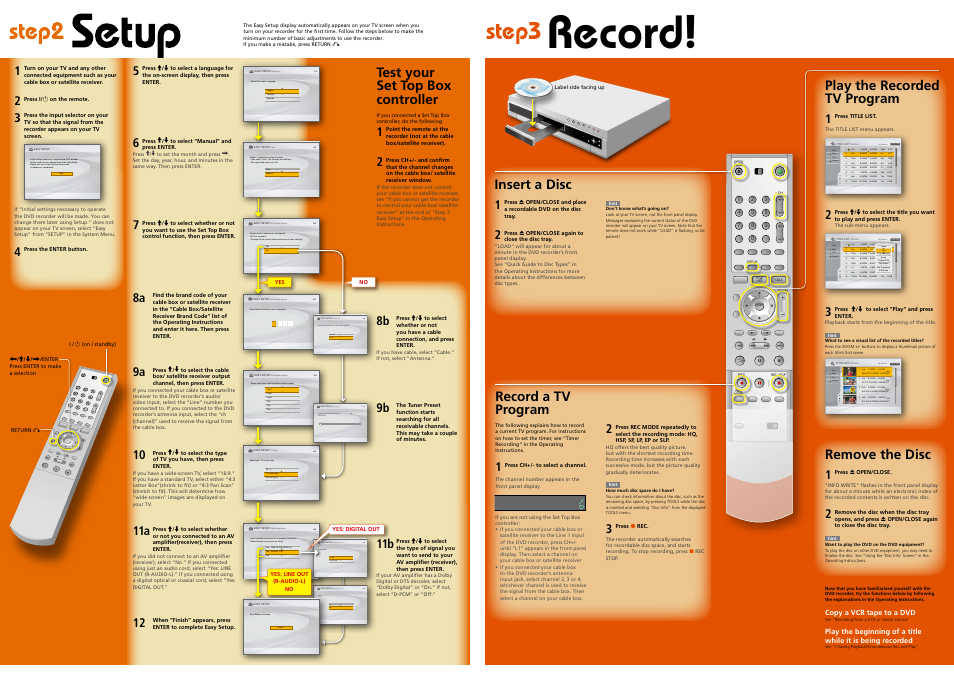 Record, Audio connection, Language | Clock, Set top box control, Tv type, On off easy setup audio connection dts 6/6, Record a tv program, Play the recorded tv program, Remove the disc | Sony RDR-GX300 User Manual | Page 2 / 2