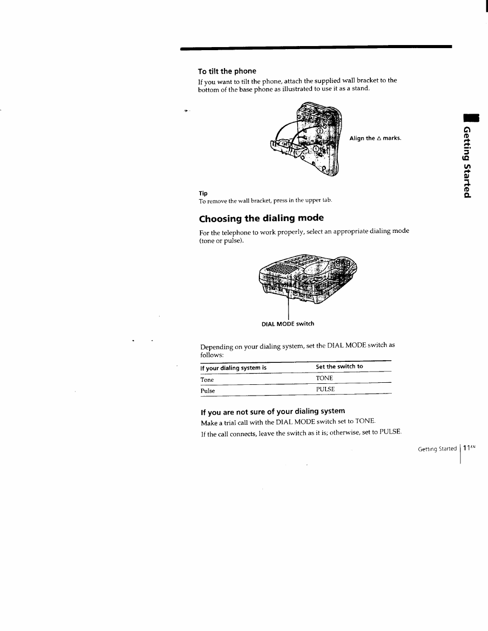 To tilt the phone, Choosing the dialing mode, If you are not sure of your dialing system | Sony SPP-M502 User Manual | Page 11 / 78