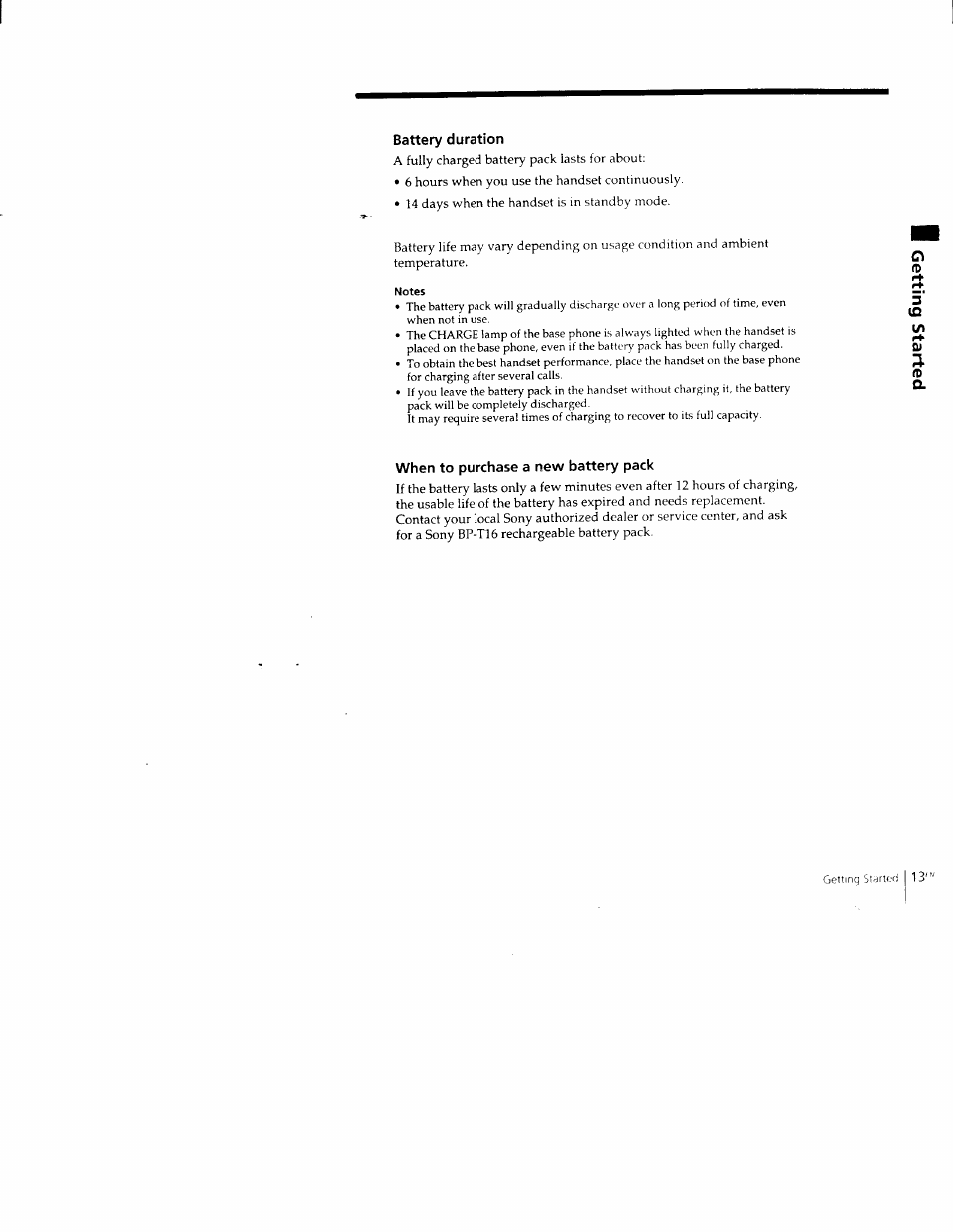 Battery duration, Notes, When to purchase a new battery pack | Sony SPP-M502 User Manual | Page 13 / 78