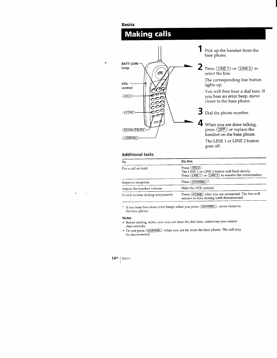 Basics, Making calls, Additional tasks | Sony SPP-M502 User Manual | Page 14 / 78