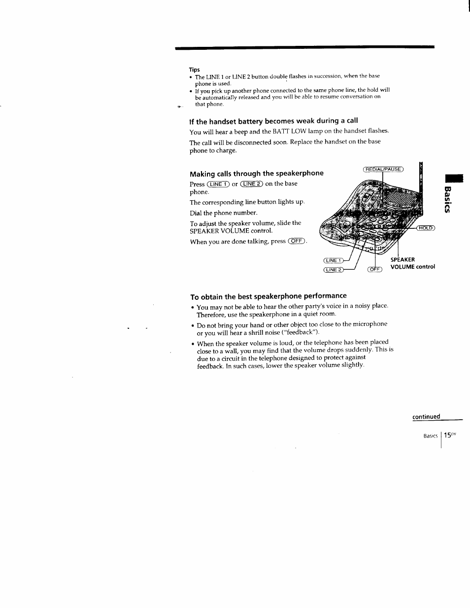 If the handset battery becomes weak during a call, Making calls through the speakerphone, To obtain the best speakerphone performance | Sony SPP-M502 User Manual | Page 15 / 78