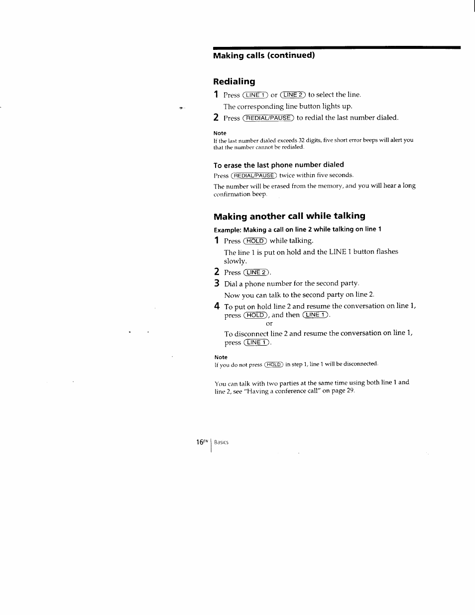 Redialing, To erase the last phone number dialed, Making another call while talking | Redialing 1 | Sony SPP-M502 User Manual | Page 16 / 78