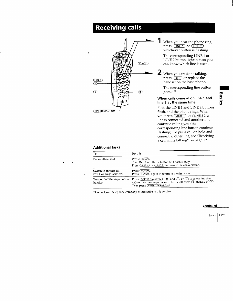 Receiving calls, Additional tasks | Sony SPP-M502 User Manual | Page 17 / 78