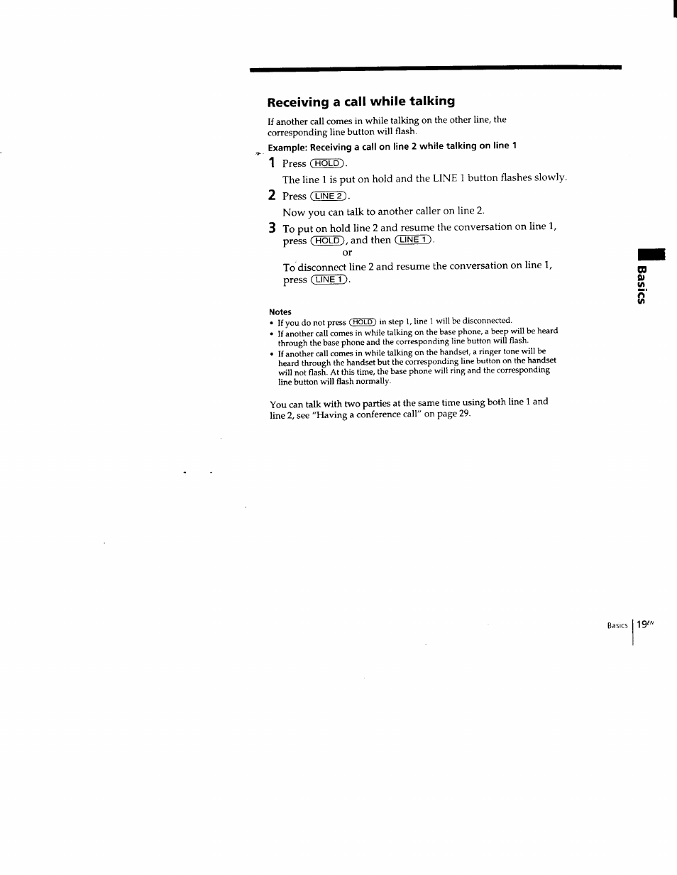 Receiving a call while talking, Notes | Sony SPP-M502 User Manual | Page 19 / 78