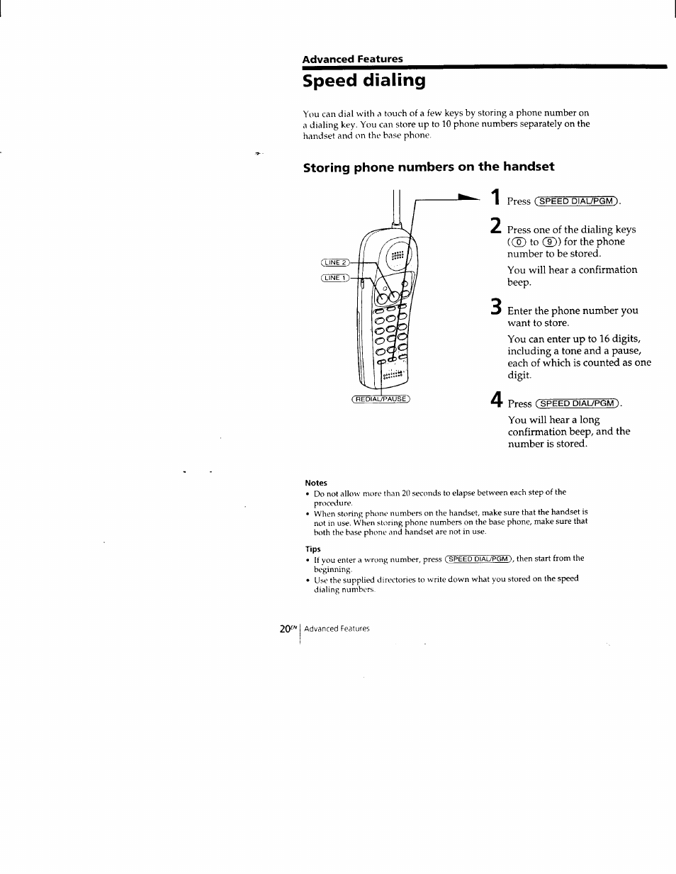 Speed dialing, Storing phone numbers on the handset | Sony SPP-M502 User Manual | Page 20 / 78